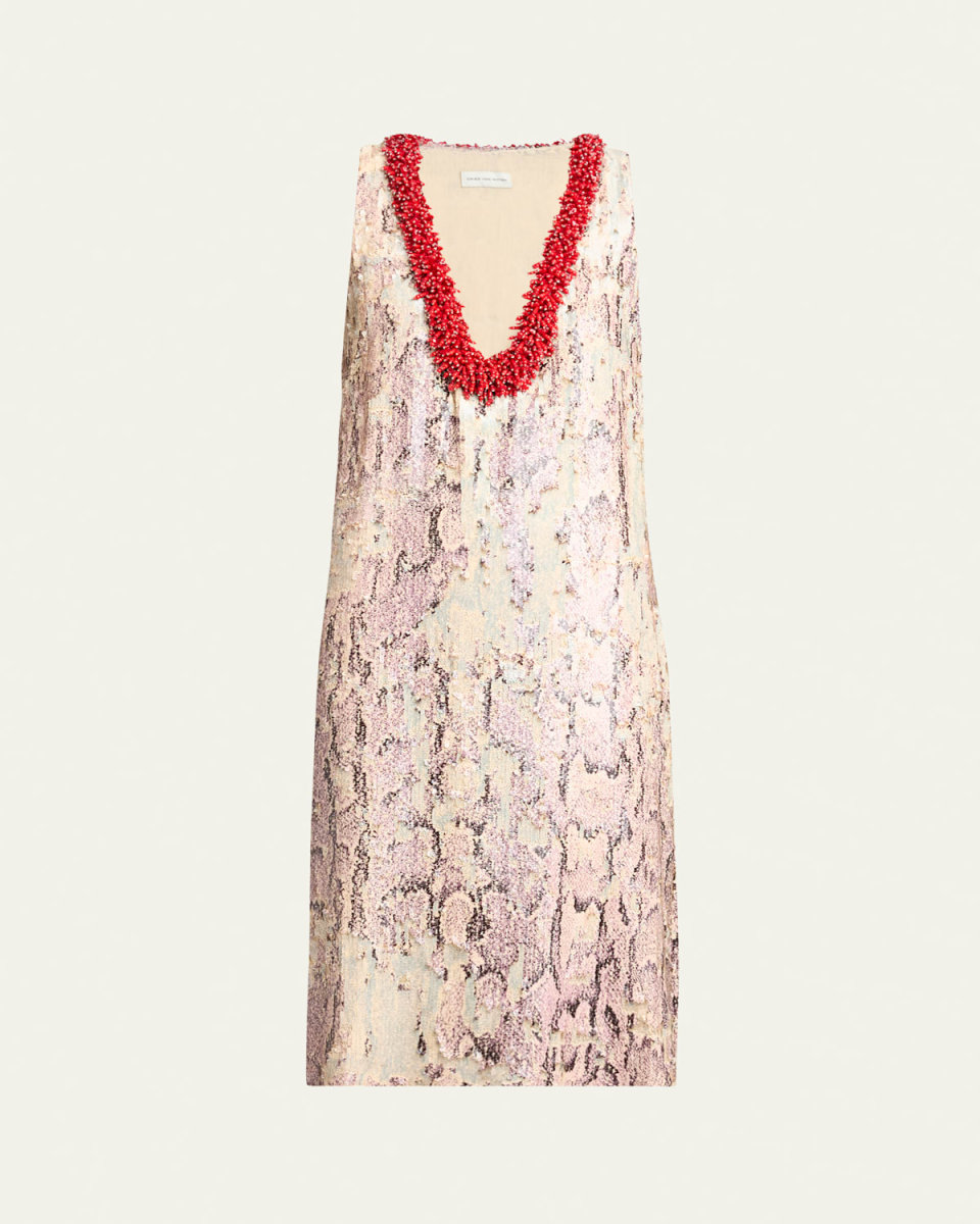 Debis Plunging Snakeskin-Print Sequined Dress